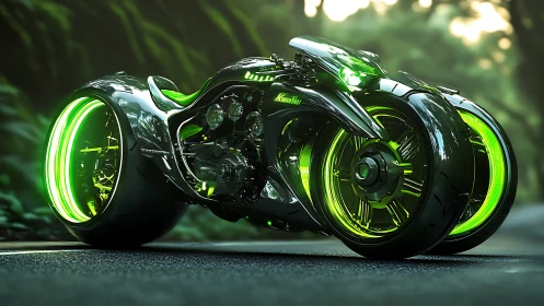 Neon-green cyber bike with dual wheels in forest light.