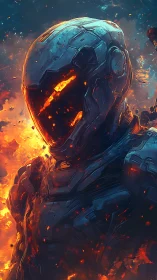 Lava-infused armored cyborg stands amid erupting flames.