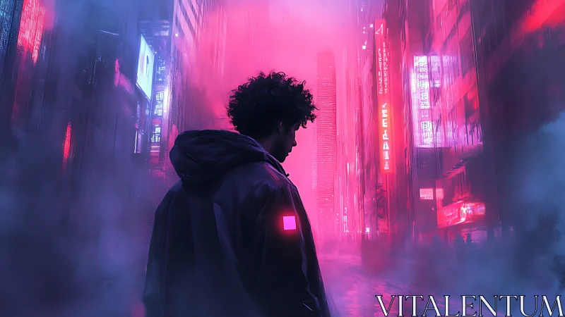 Neon drifter wanders a fog-drowned cyberpunk avenue at dusk.