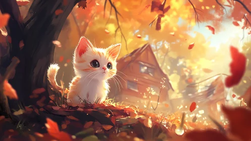 White kitten in autumn glow surrounded by falling leaves and warm light