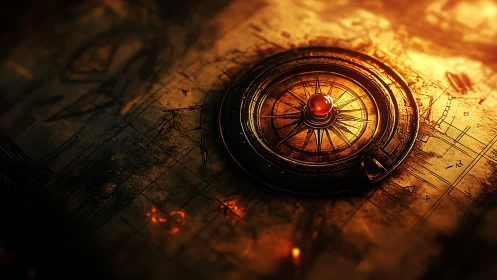 Bronze star-compass hums quietly above a burning map