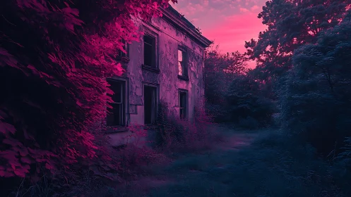 Twilight-kissed abandoned house wrapped in neon wild growth.