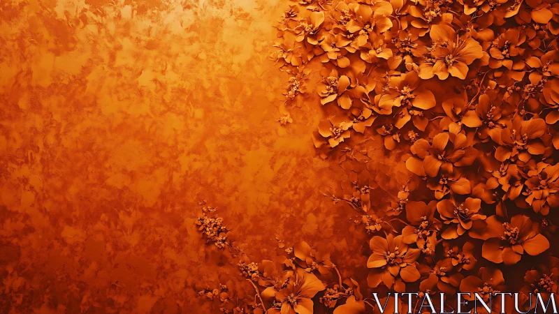 Monochrome floral relief wall with clustered blossoms right.