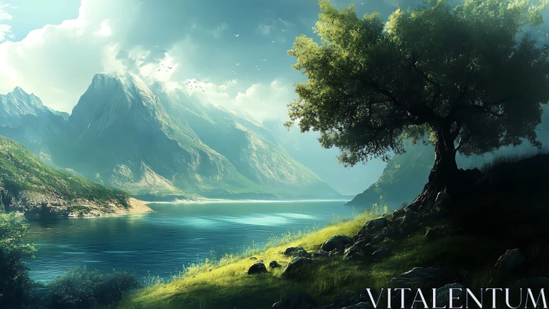 Lone hillside guardian overlooking emerald mountain waters.