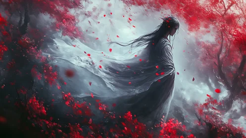 Spectral wanderer in crimson forest under turbulent petals.