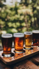 Four beer tasting glasses stand on a wooden outdoor flight