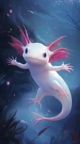 Whimsical axolotl drifting through luminous blue depths.