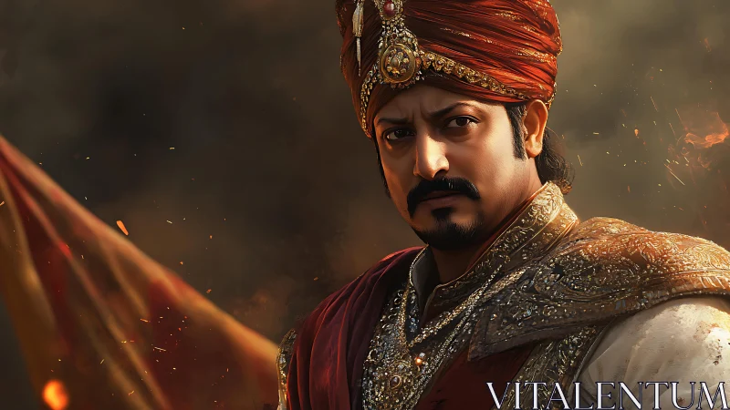 Warrior king stares forward in ornate red turban and armor