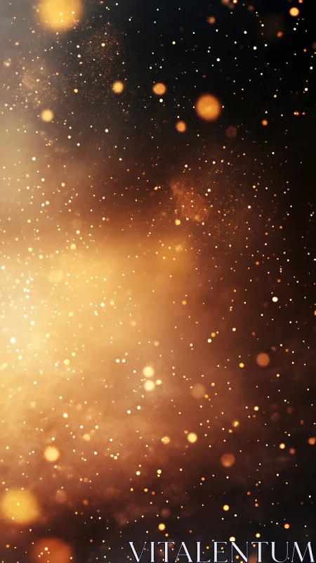 Golden dust particles drift through dark glowing space.