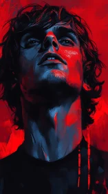 Brooding young man bathed in electric red and blue light.