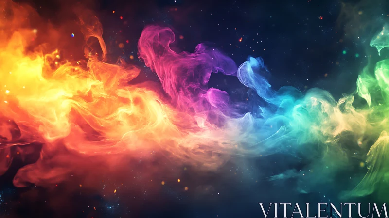 Dreamy rainbow nebula swirling through a starry night sky.