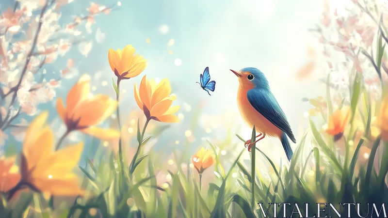 Bluebird and Butterfly in Sunlit Wildflowers, Digital Art Style.