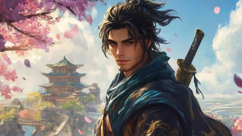 Digital painting samurai portrait with sakura and temple backdrop.