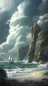 Digital seascape with towering cliffs and stormlit sailboat scene.