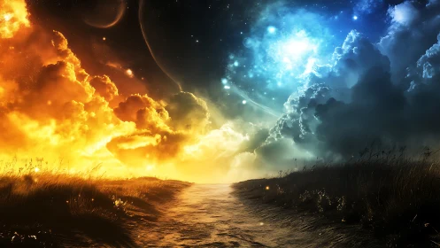 Celestial path between burning dawn and electric starlight skies.