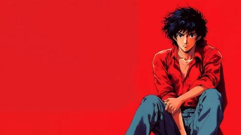 Solitary anime hero against a bold crimson silence.