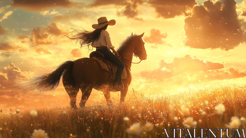 Cowgirl drifts through a golden prairie dream at sundown.