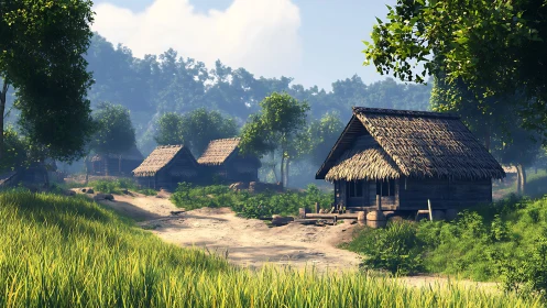 Straw-Roofed Village Nestled Where Forest Meets Pastoral Dreams