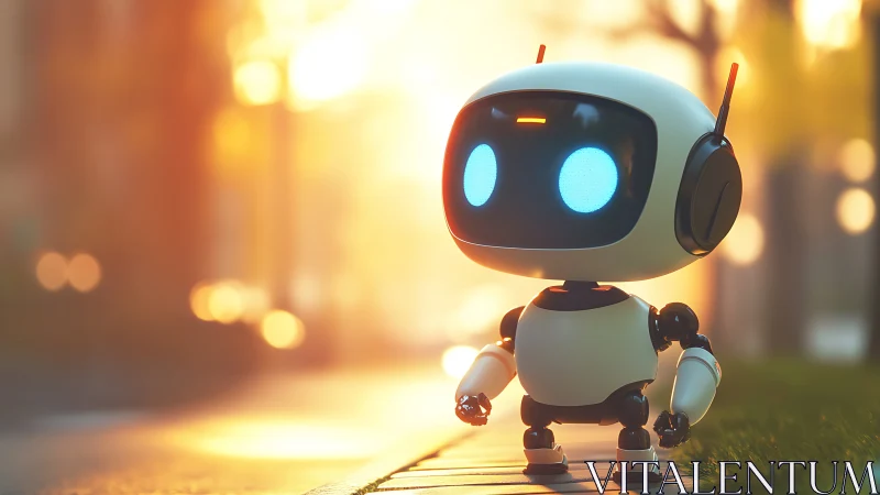 Curious little robot exploring a sunlit city sidewalk.