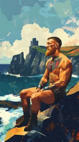 Tattooed fighter resting on coastal cliff in stylized sunlit art.