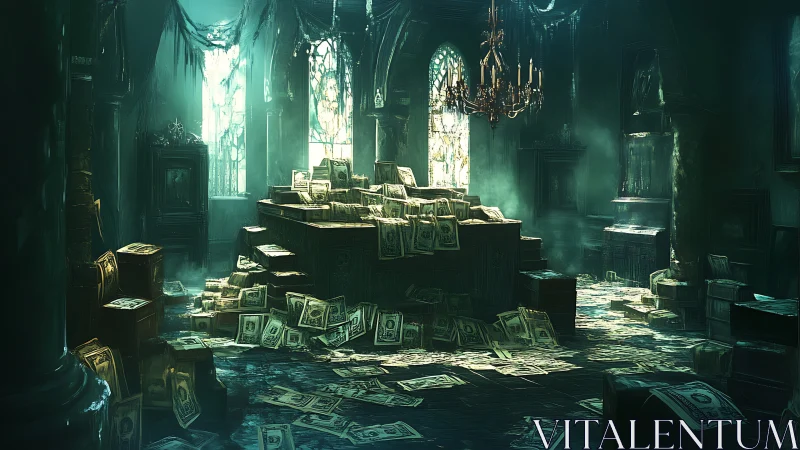 Cathedral of crumbling cash dozes under emerald dust light
