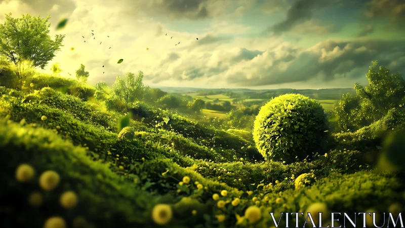 Sunlit spherical shrub in lush dreamlike valley landscape.