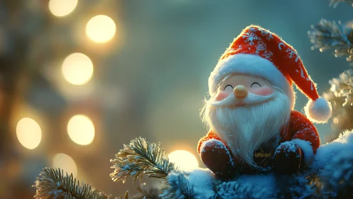 Smiling Santa figurine sits on snowy branches at dusk