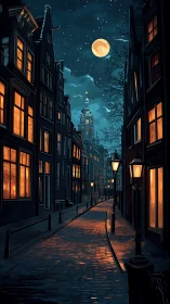 Nocturnal canal street with moonlit cobblestones and tower.