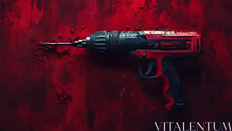 Red power drill on distressed crimson surface artwork.