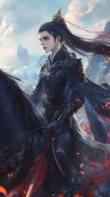 Stormlit wuxia rider in ornate black battle armor.