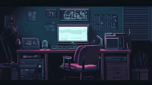 Pixel art workstation shows dual monitors and retro hardware