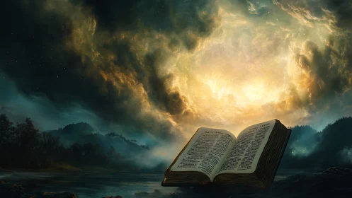 Open illuminated book lies before a bright cloud vortex