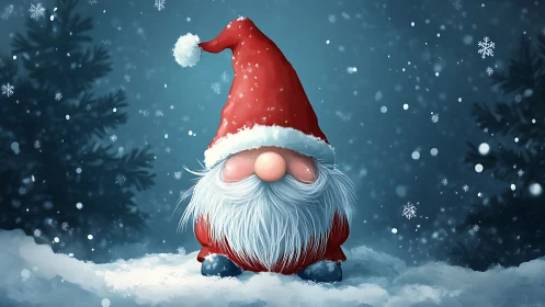 Cartoon gnome in red hat standing in snowy winter forest.