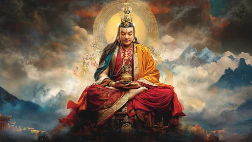 Golden-robed deity in lotus posture amid luminous storm clouds