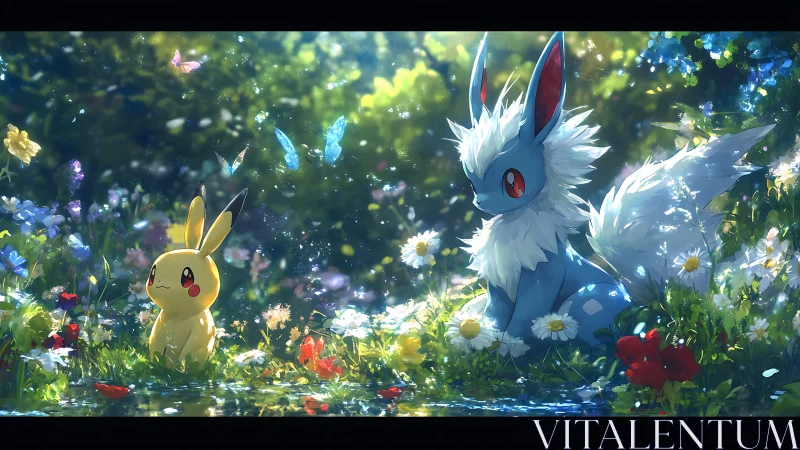 Sunlit meadow guardians: electric friends in flowerlit hush.