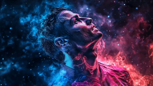 Neon‑lit firebreather caught between electric dusk and dawn.