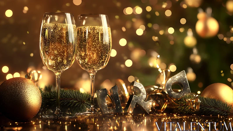 Festive champagne flutes with 2024 golden New Year décor