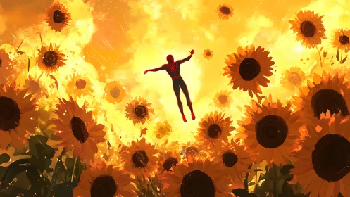 Sunflower sky catches a soaring masked hero mid-dream