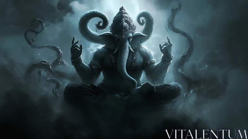 Mythic elephant-headed figure sits in mist with extended arms