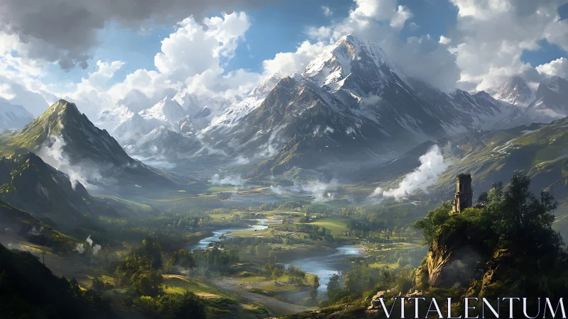 Digital landscape illustrates mountainous valley under clouds