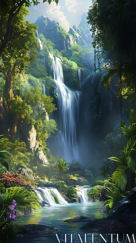 Verdant cascade realm where jungle cliffs breathe mist.