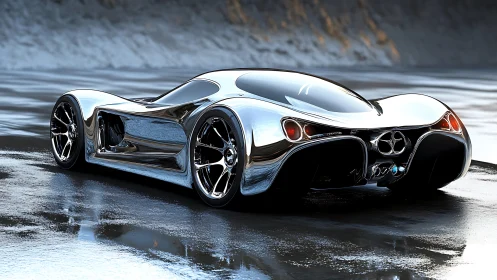 Futuristic chrome supercar on wet reflective roadway.