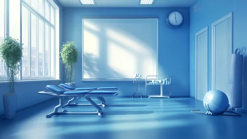 Sunlit physiotherapy studio rendered in clean digital minimalism