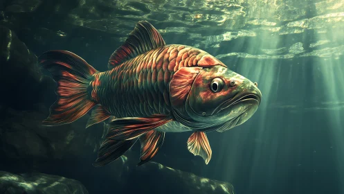 Underwater koi study with volumetric light and rich scales.