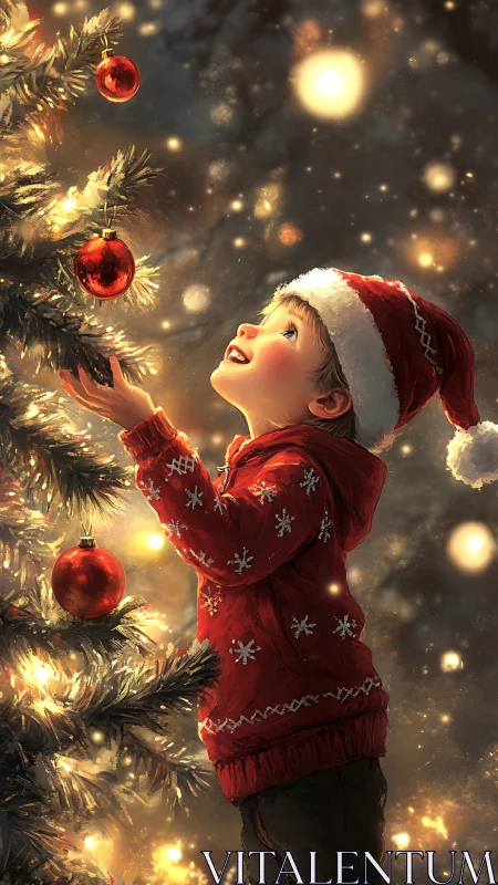 Child admires glowing Christmas tree under warm golden light.