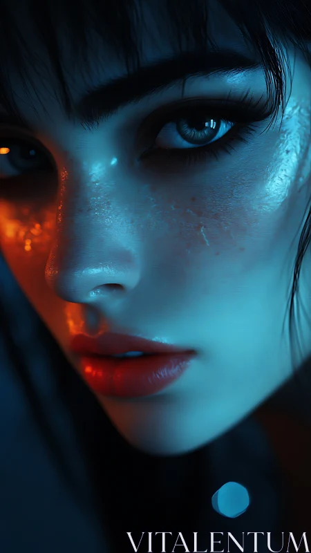 Neon blue female portrait with cinematic orange rim light.