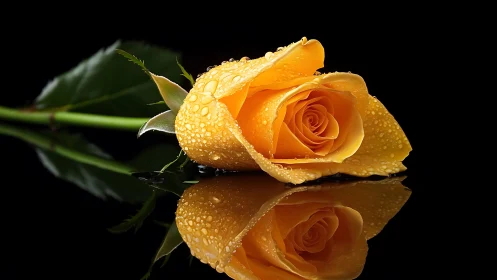 Golden Rose Dripping with Dewdrops Performs its Elegant Mirror Dance