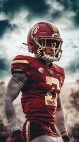 American football player in red uniform under cloudy sky.