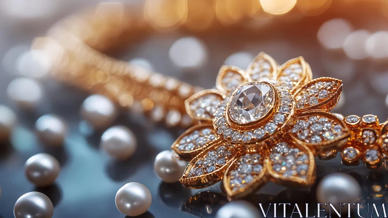 Macro study of diamond pav&eacute; floral gold pendant with pearls.