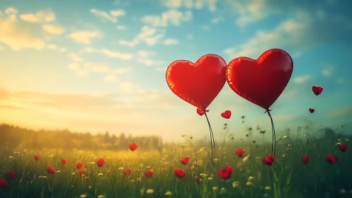 Red heart-shaped balloons floating above meadow with wildflowers